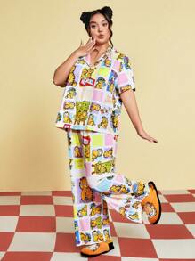 GARFIELD | SHEIN 大尺碼卡通短袖上衣和褲子睡衣套裝 - 彩色 - 查看 5