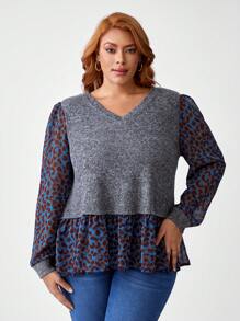 Marthe Hauser Camiseta Patchwork Estampa de Onça Plus Size 2 Em 1 da Artist, Camiseta Gráfica Para Outono e Inverno, Férias, Férias, Festival - Chumbo - Visão 1