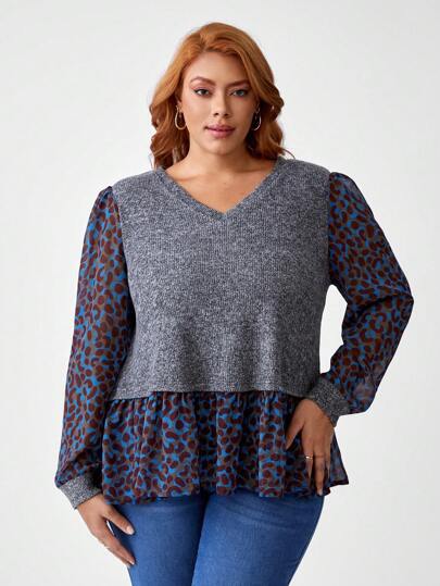 Marthe Hauser 艺术家加大码豹纹拼布二合一 T 恤，秋季图案 T 恤，适合秋冬季、假日、度假、节日