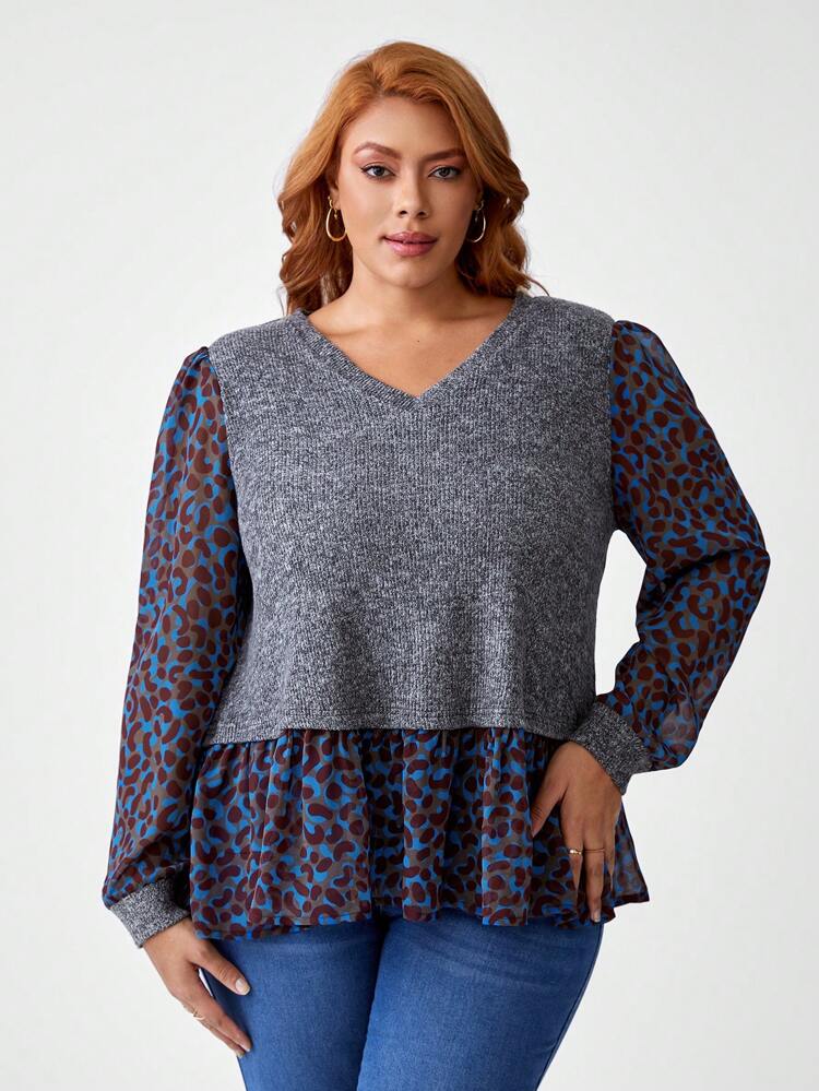 Artist Plus Size Leopard Print Patchwork 2 In 1 T-Shirt, Fall Graphic Tee For Autumn & Winter, Holiday, Vacation, Festival