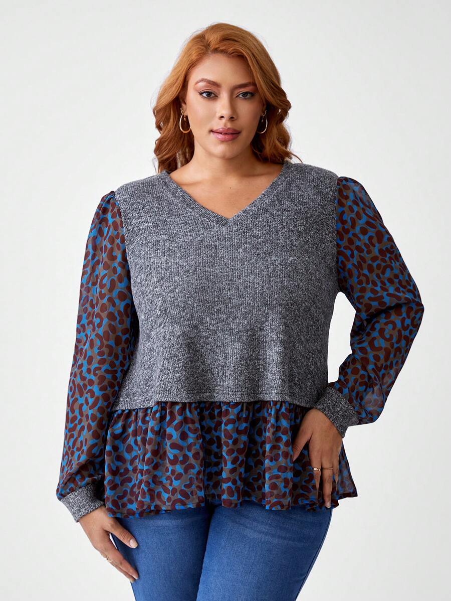 Marthe Hauser Camiseta Patchwork Estampa de Onça Plus Size 2 Em 1 da Artist, Camiseta Gráfica Para Outono e Inverno, Férias, Férias, Festival - Chumbo - Visão 1