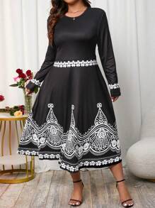 SHEIN Clasi 大尺碼長袖印花裙 - 黑色 - 查看 3