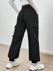 SHEIN Unity 星號字母印花束口腰休閒運動長褲,帶彈性束口 - 黑色 - 查看 2