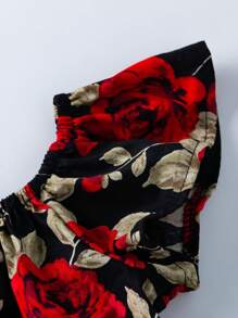 Baby Girl Vintage Rose Pattern Cap Sleeve Bodysuit With Headband - Multicolor - View 3