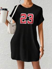 SHEIN EZwear Round Neck Number Printed Dress - Black - View 4