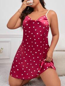 Plus Size Sleep Cami Dress With Heart Print And Draped-Neck - Red - View 4