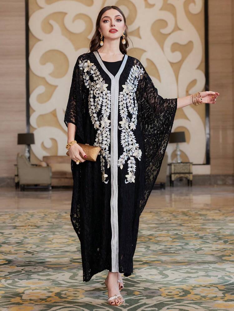 Floral Embroidery Lace Joint Two-Piece Suit Kaftan & Jalabiya Dress, Elegant Luxury Evening Party Style