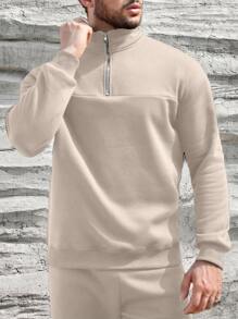 Manfinity Homme Men's Zipper Quarter-Zip Sweatshirt And Sweatpants Two Pieces Set - Khaki - View 3