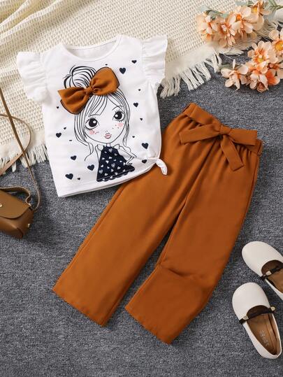 SHEIN Young Girl Bowknot Embellished T-Shirt And Solid Color Pants 2pcs/Set