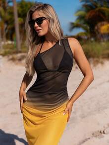 SHEIN Swim Women's Gradient Mesh One Shoulder Pleated Cover Up Carnival - Multicolor - View 5