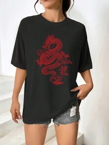 SHEIN EZwear 龍印花短袖t卹 - 黑色 - 查看 6