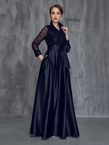 Đầm dài tay ren cổ sơ mi nữ, thắt lưng satin, thanh lịch cho mẹ cô dâu - Màu xanh hải quân - Xem 6