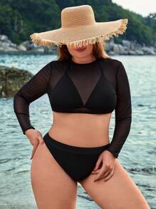 SHEIN Swim Curve Plus Size Solid Color Burkini Set With Mesh Cover Up Top - Black - View 4
