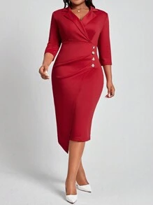 SHEIN Lady Plus Size Women's Lapel Slim Fit Bodycon Dress - Red - View 5