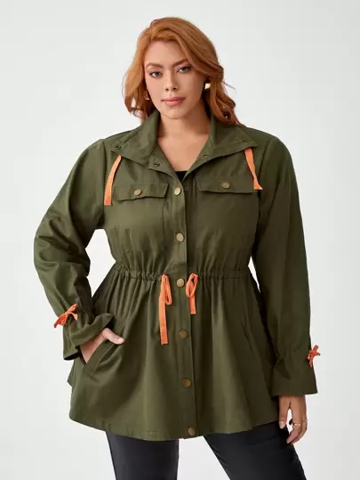 Mindsi 设计师大码拼色侧袋抽绳外套，秋季，适合秋冬季、假日、度假、外出、节日