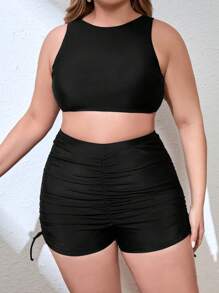 SHEIN Swim Curve 女士大码纯色褶皱比基尼套装，适合夏季海滩度假 - 黑色 - 查看 1