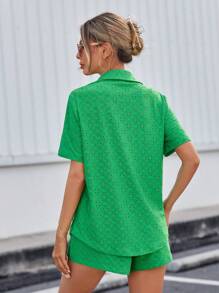 SHEIN Essnce Women's Pocket Front Cutout Embroidered Top And Shorts Setwomen Two Piece Sets - Green - View 4