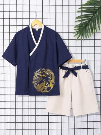 SHEIN Teenage Boys' Chinese Style Stand Collar Right Over Left Buttoning Brocade Dragon Pattern Hanfu Set