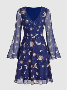 ROMWE Hippie 女式網紗喇叭袖連身裙配太陽、月亮和星星圖案 - 藍色 - 查看 1