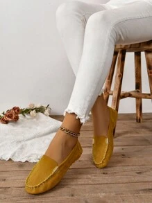 女士加大尺寸懶人休閒時尚飾釦皮鞋,春秋扁鞋 - 黃色 - 查看 3