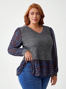 Marthe Hauser Camiseta Patchwork Estampa de Onça Plus Size 2 Em 1 da Artist, Camiseta Gráfica Para Outono e Inverno, Férias, Férias, Festival - Chumbo - Visão 3