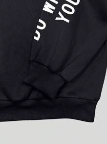 INAWLY 女式落肩羊毛运动衫，带标语印花，七分袖上衣 - 黑色 - 查看 5