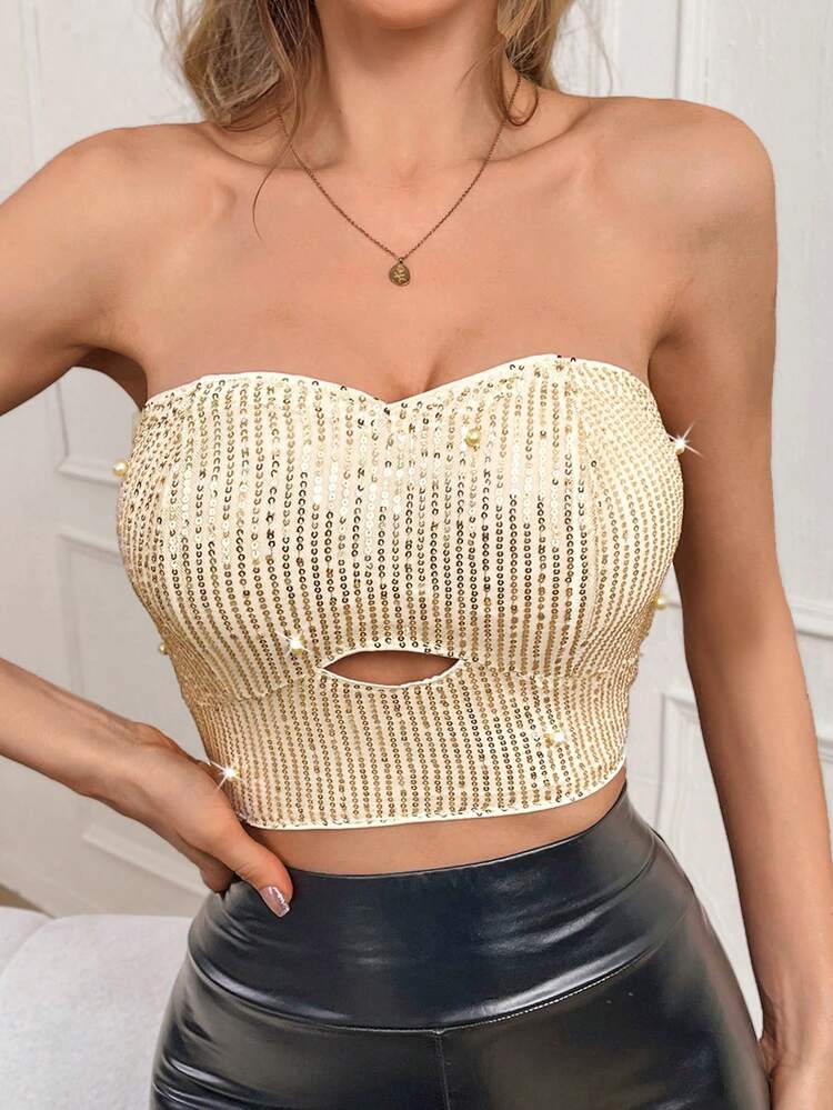 Glittering Pearl & Stud Detail Strapless Top