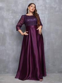 Plus Size Sequin Patchwork Satin Maxi Long Dress With Flared Hem Elegant Formal Prom Wedding Guest Gown, For Graduation, Dinner - 紫色 - 查看 1
