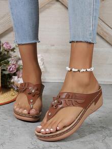 女款休閒鑲有水晶和花紋圖案的舒適防滑高跟涼鞋 - 巧克力棕 - 查看 6