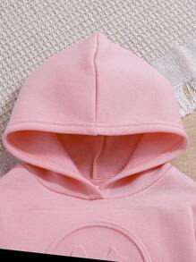 SHEIN Baby Girl Cute Smiling Face Embossed Hooded Long Sleeve Sweatshirt - Pink - View 4