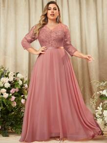 MIUSOL Plus Floral Lace Contrast Chiffon 3/4 Sleeve Formal Party Long Dress, Holiday Women Maxi Dress, Elegant Party Dress For Women, Formal Evening Gown, Prom Dress, For Wedding Guest, Graduation, Dinner - Dusty Pink - View 1