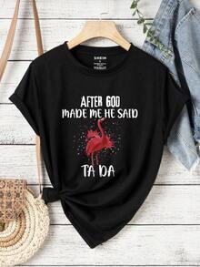 SHEIN LUNE 女士火烈鳥印花短袖t卹,印有口號 - 黑色 - 查看 5