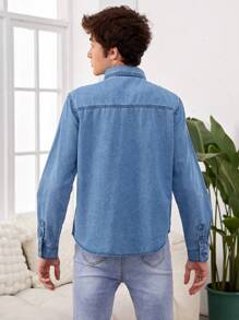 青少年男孩復古基礎款輕藍色洗水輕盈舒適寬鬆牛仔襯衫 - 淺色水洗藍 - 查看 2