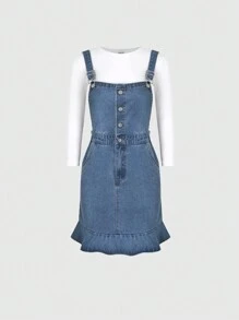 青少年女孩時尚休閒牛仔裙 - 中等水洗藍 - 查看 1