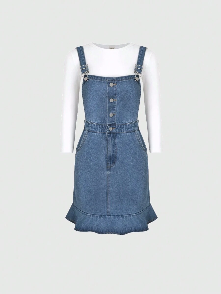 青少年女孩時尚休閒牛仔裙 - 中等水洗藍 - 查看 1