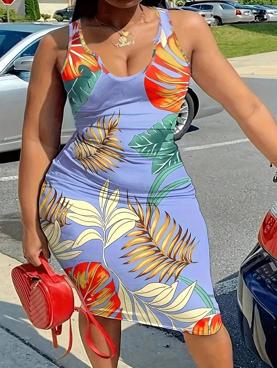 大码女式棕榈树印花无袖连衣裙，休闲度假夏季优雅款 - 藍色 - 查看 1