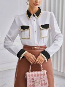 SHEIN Privé Ladies' Color Block Turn Down Collar Long Sleeve Shirt - Black and White - View 1