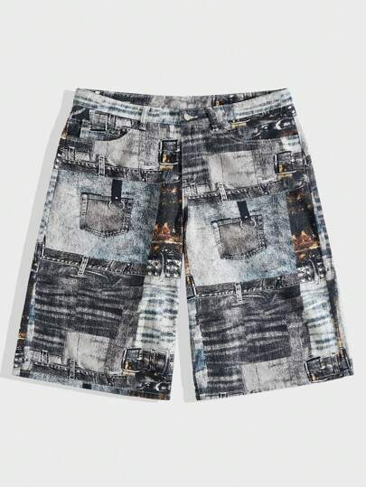 ROMWE Avant Les Pantalons Capris En Denim Imprimé Imitation Vieilli Rétro Pour Hommes Conviennent À Un Usage Quotidien Au Printemps Et En Été