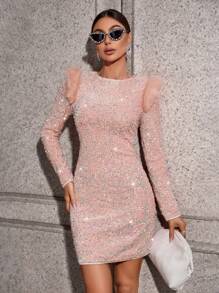 SHEIN Privé Women's Shiny Patchwork Fur Dress - Baby Pink - View 5