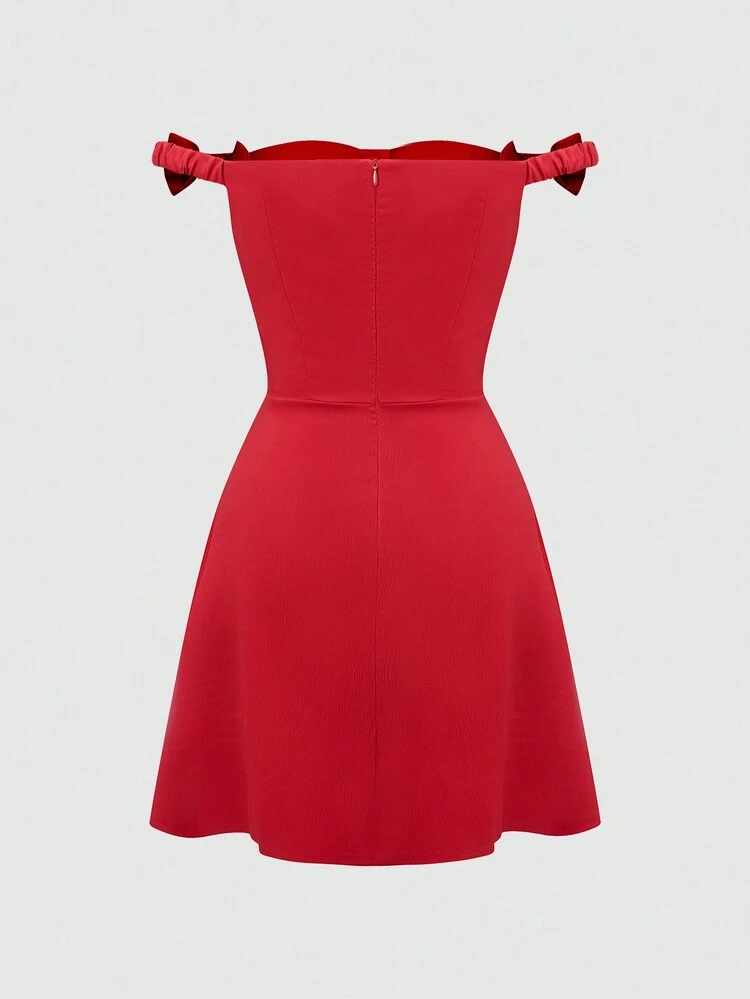 Solid Color Off Shoulder Dress With Bow Decorations