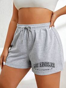INAWLY Plus Letter Graphic Drawstring Waist Shorts