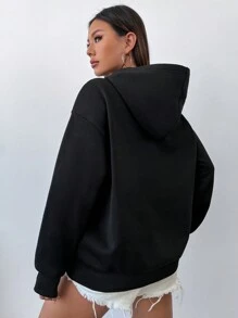 SHEIN Unity Áo nỉ tay dài có mũ, kiểu dáng vai rớt, thêu chữ cái tiếng Anh, thích hợp mặc mùa thu. - màu đen - Xem 2