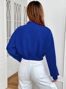 SHEIN EZwear Women's Letter Pattern Pressed Stand Collar Drop Shoulder Sweatshirt - Royal Blue - View 2
