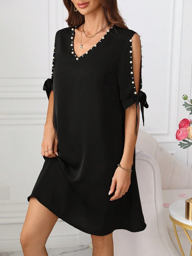 Women's Pearl Beaded Studs V-Neck Tie-Front Split Sleeve Dress