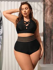 SHEIN Swim Curve Plus Size Swim Bottoms With Waist Cut-Out Design - Black - View 5