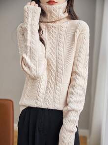 LINY XIN 高領柔軟保暖長袖時尚羊毛衫 - 杏色 - 查看 6