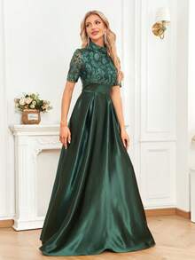 XUIBOL 女士花卉亮片拼布缎面长款晚礼服（大量装饰） - 墨綠色 - 查看 7