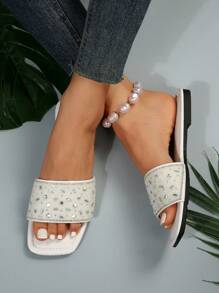 Dép quai kiểu Pháp đính đá trắng thời trang, thoải mái, giản dị dành cho nữ, thích hợp cho hoạt động ngoài trời và thời trang - trắng - Xem 2