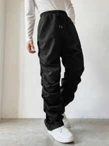 Manfinity EMRG 男士寬鬆純色褶皺抽繩腰褲 - 黑色 - 查看 5