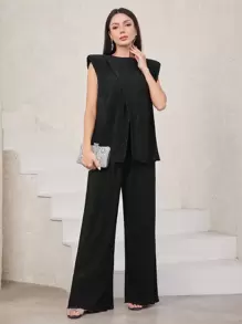 Modelyn 女士肩墊分裂式上衣和褲子兩件套 - 黑色 - 查看 5